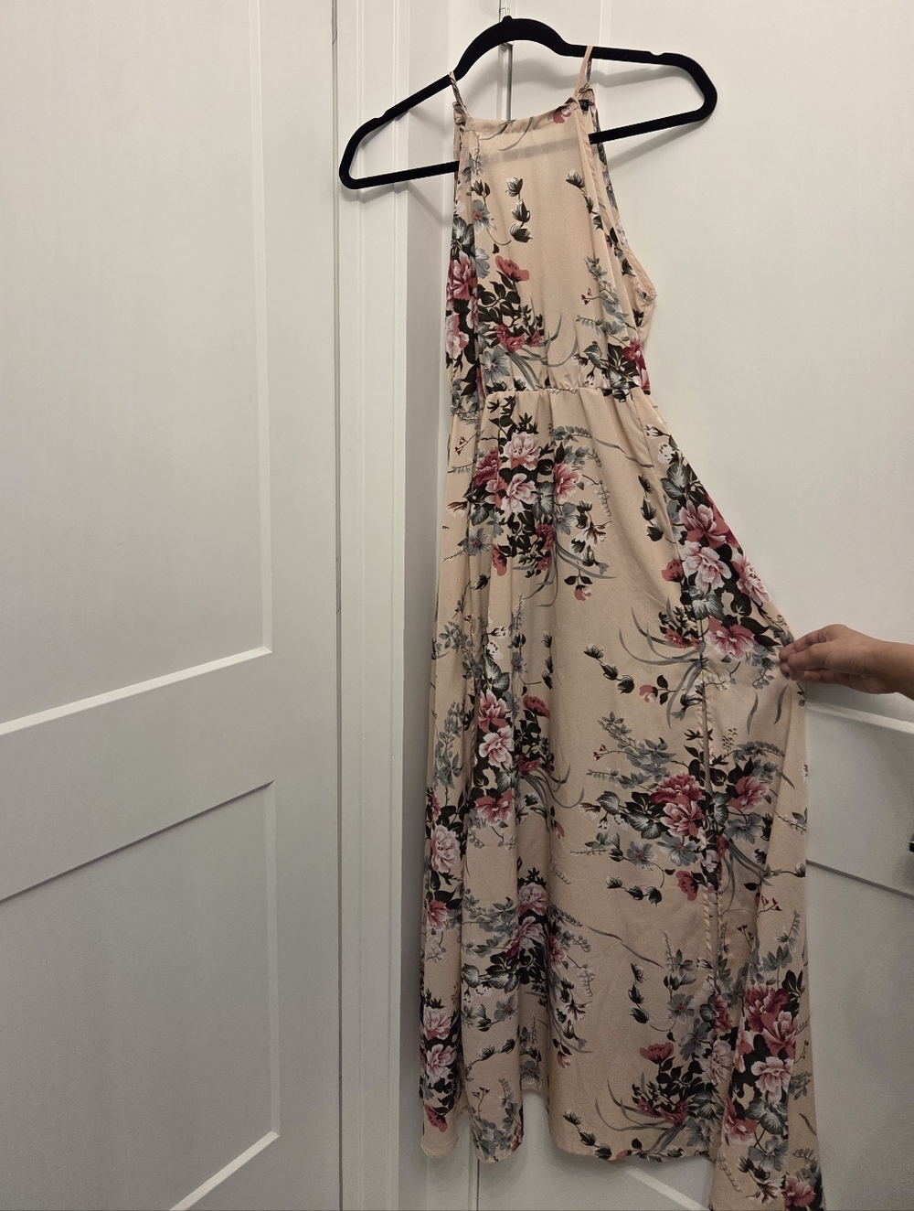 Floral Halter Maxi Dress - Beige with Pink Floral